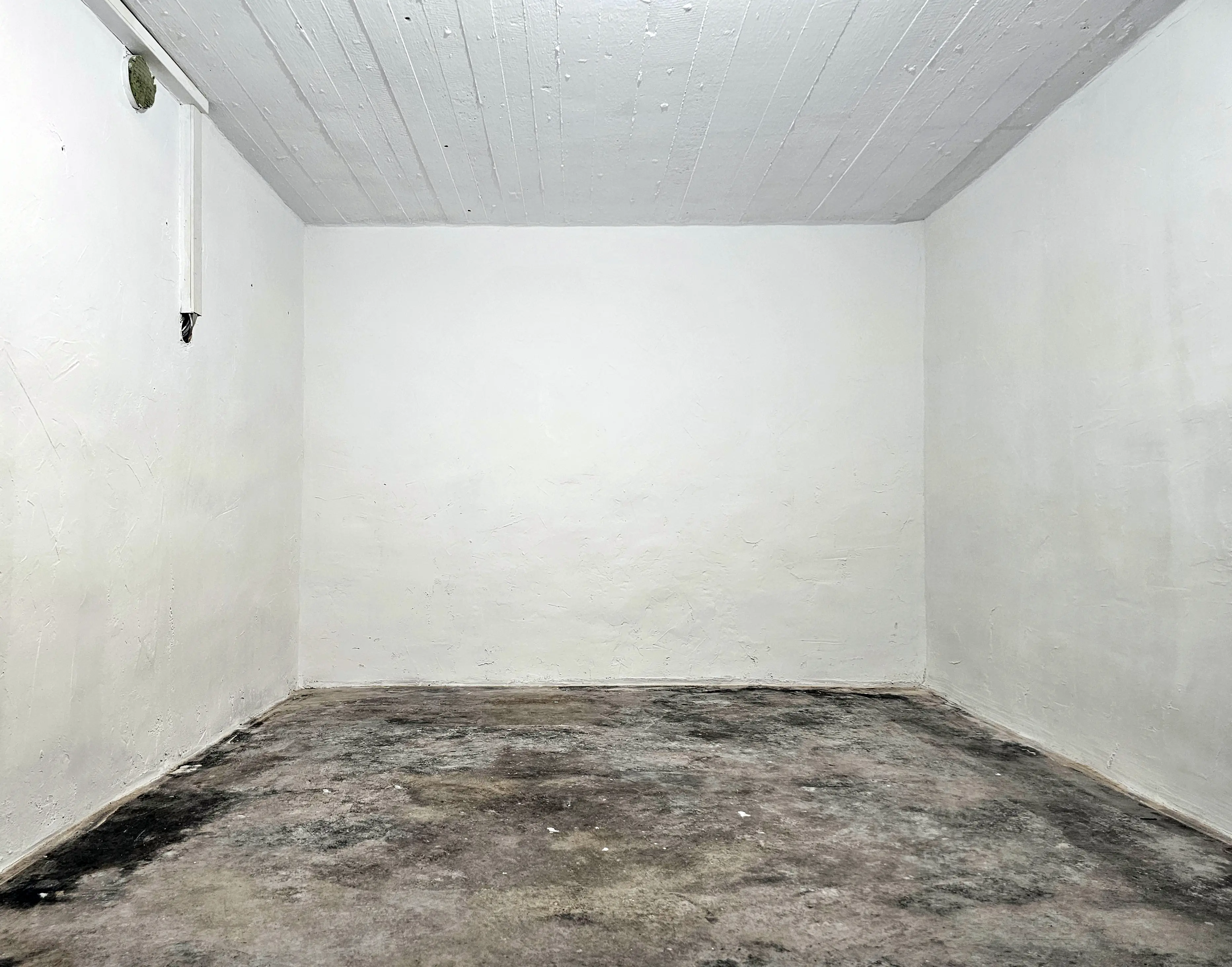 Fertig sanierter Kellerraum mit Betonboden, frisch verputzten und gestrichenen Wänden