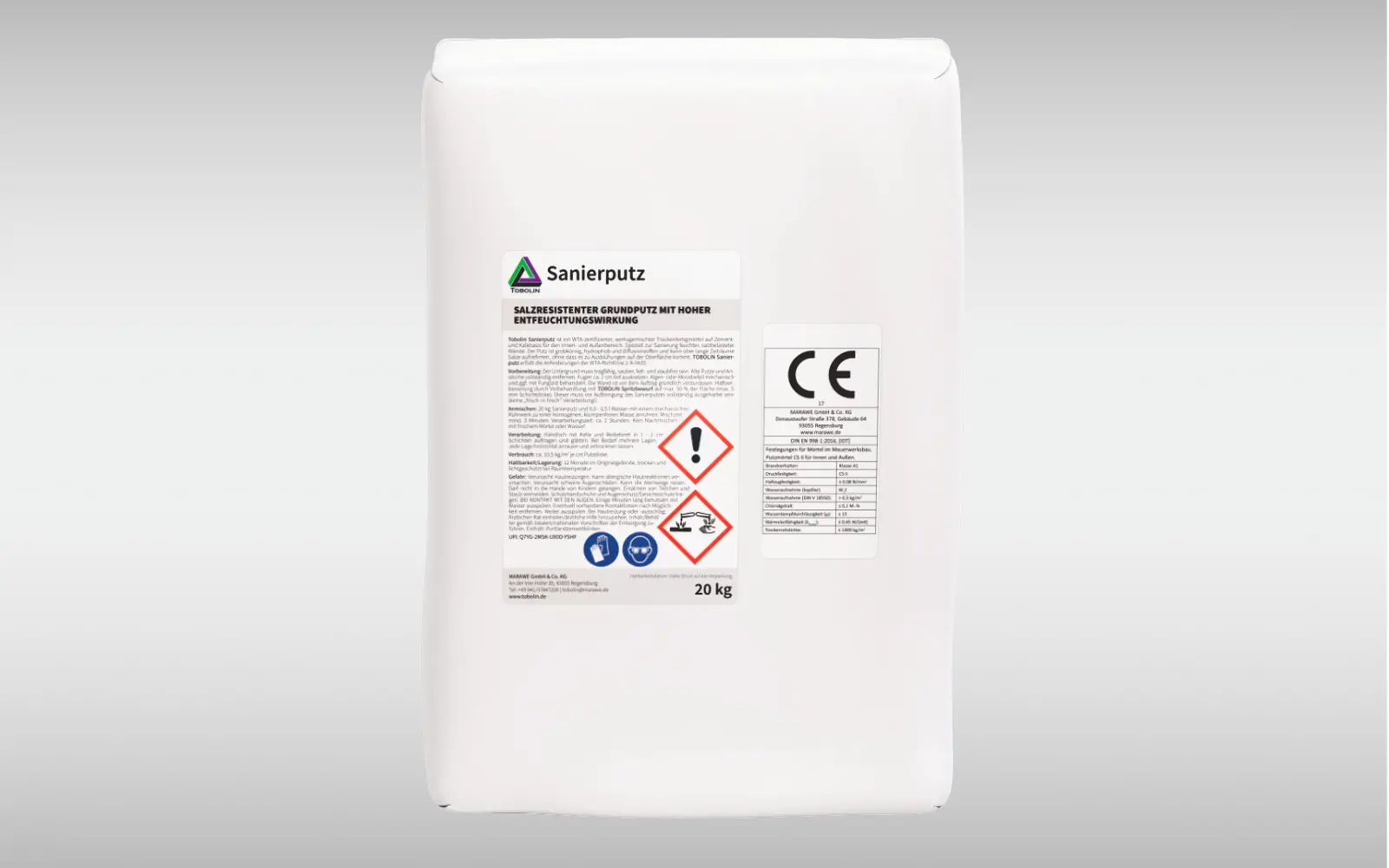 TOBOLIN Sanierputz, 20 kg Sack auf grauem Hintergrund