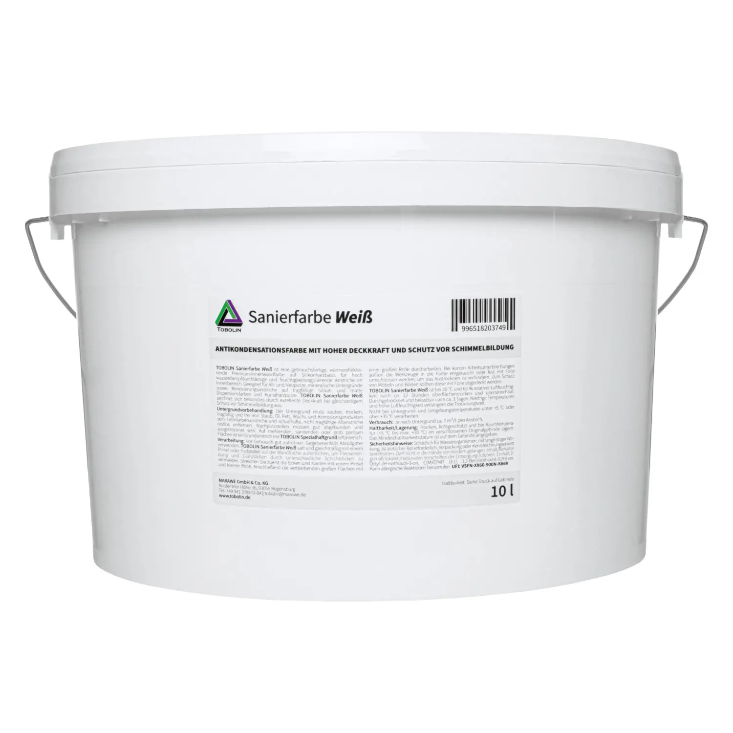 Produktverpackung TOBOLIN Sanierfarbe weiß, 10 Liter Eimer