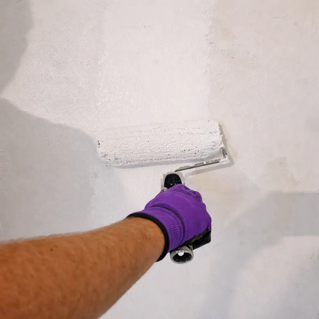 Auftragen von TOBOLIN Sanierfarbe mit der Farbrolle auf die fertig verputzte Wand